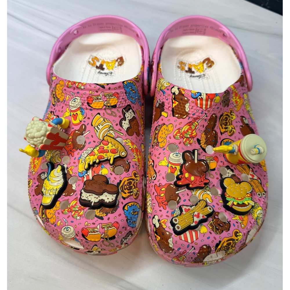 Disney Eats Crocs Pink Snack Print Clogs with Jibbitz Charms Mens 6 Womens 8 - Picture 7 of 10